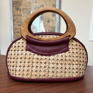 Vintage Rattan Straw and Wood Handle Handbag